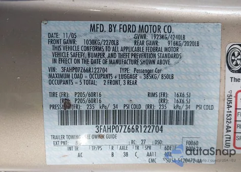 2006 Ford Fusion Se z USA, uszkodzony, nr VIN 3FAHP07Z66R122704